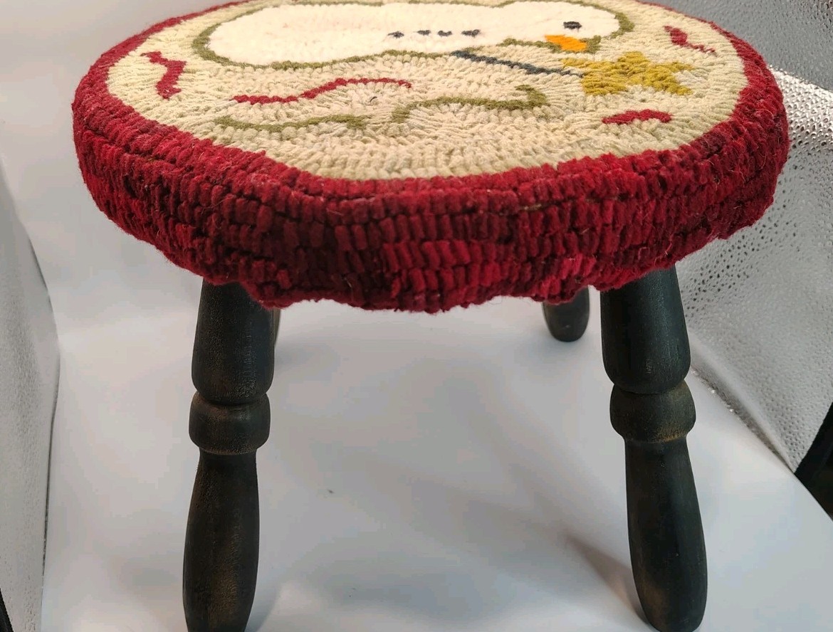 Vintage Primitive Hand Hooked Rug Footstool Snowman Folk Art Wood Cricket Stool