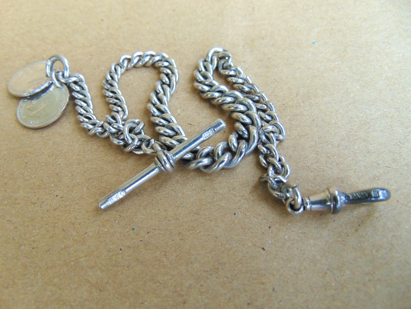 EDWRDIAN STERLING SILVER ALBERT POCKET WATCH CHAIN 1902