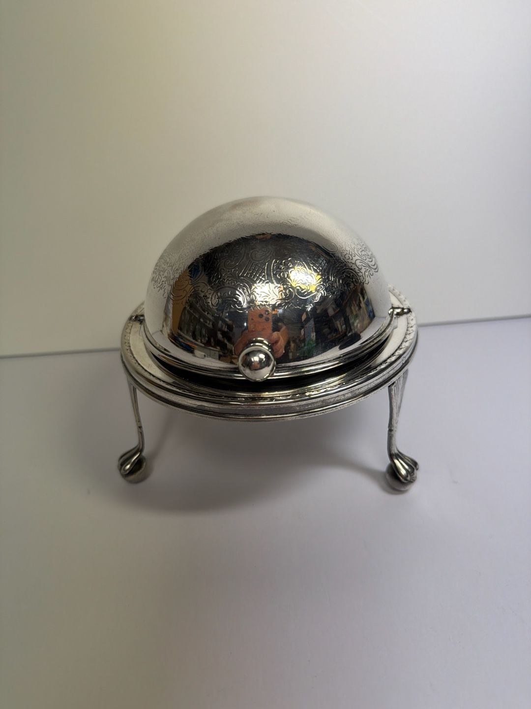 Vintage English Silver Plate Roll Top Revolving Dome Butter Dish with Glass Inse