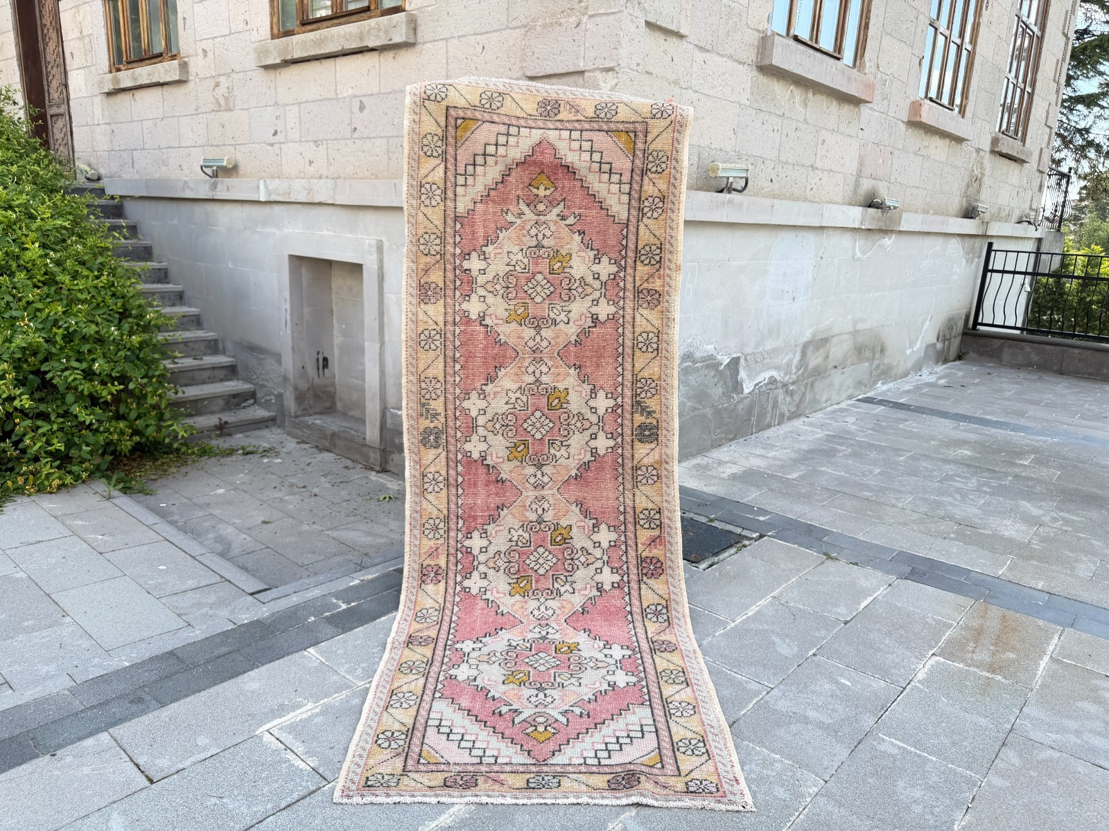 Vintage Turkish Oushak Runner Rug 3.5×9.8 Ft Pink Hall Carpet