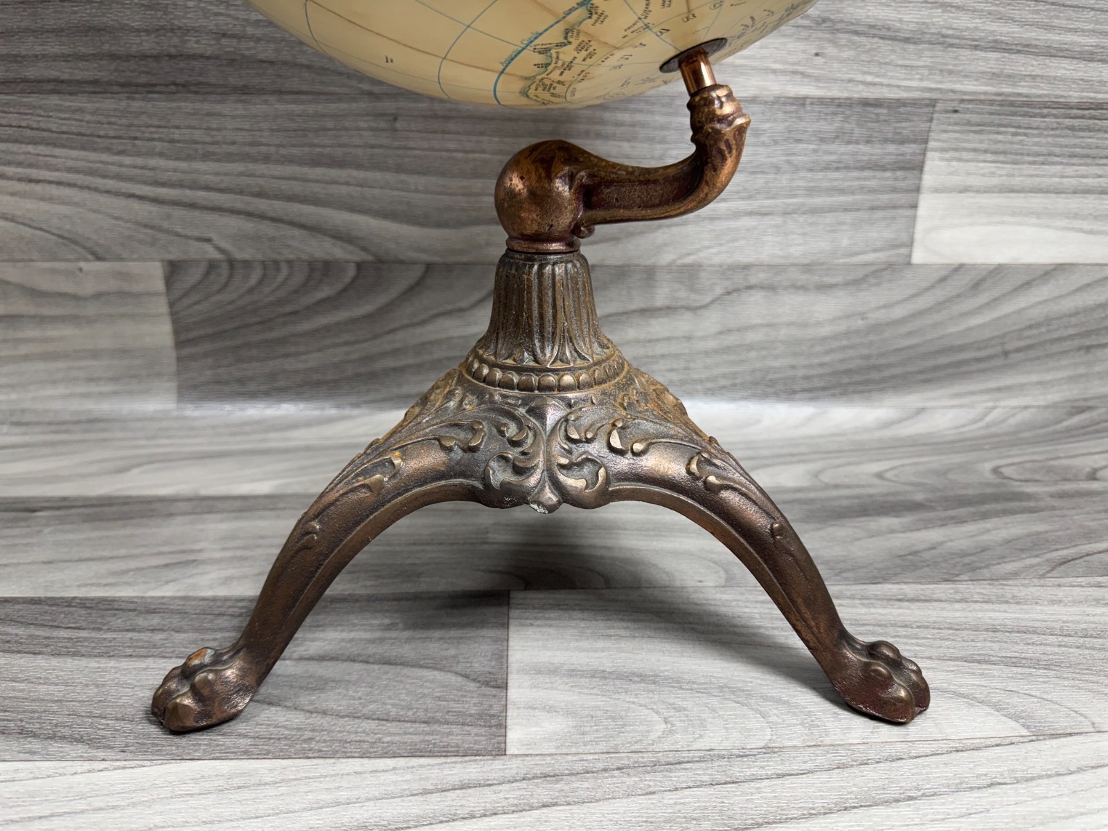 VINTAGE RAND MCNALLY TERRESTRIAL GLOBE 12” WITH OLD IRON METAL ORNATE BASE