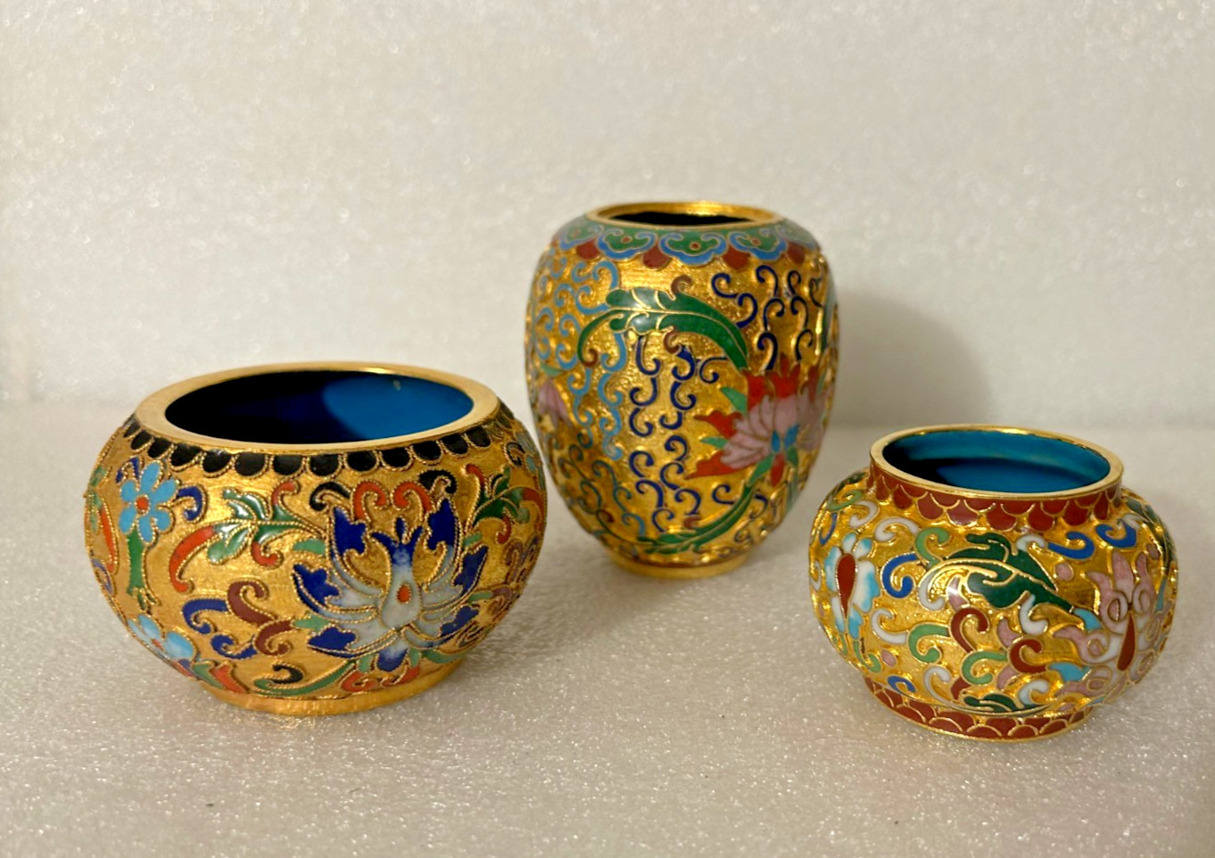 CLOISONNÉ MINIATURES COLLECTION 3 PIECES ANTIQUE ENAMEL COPPER/ BRASS CHINA