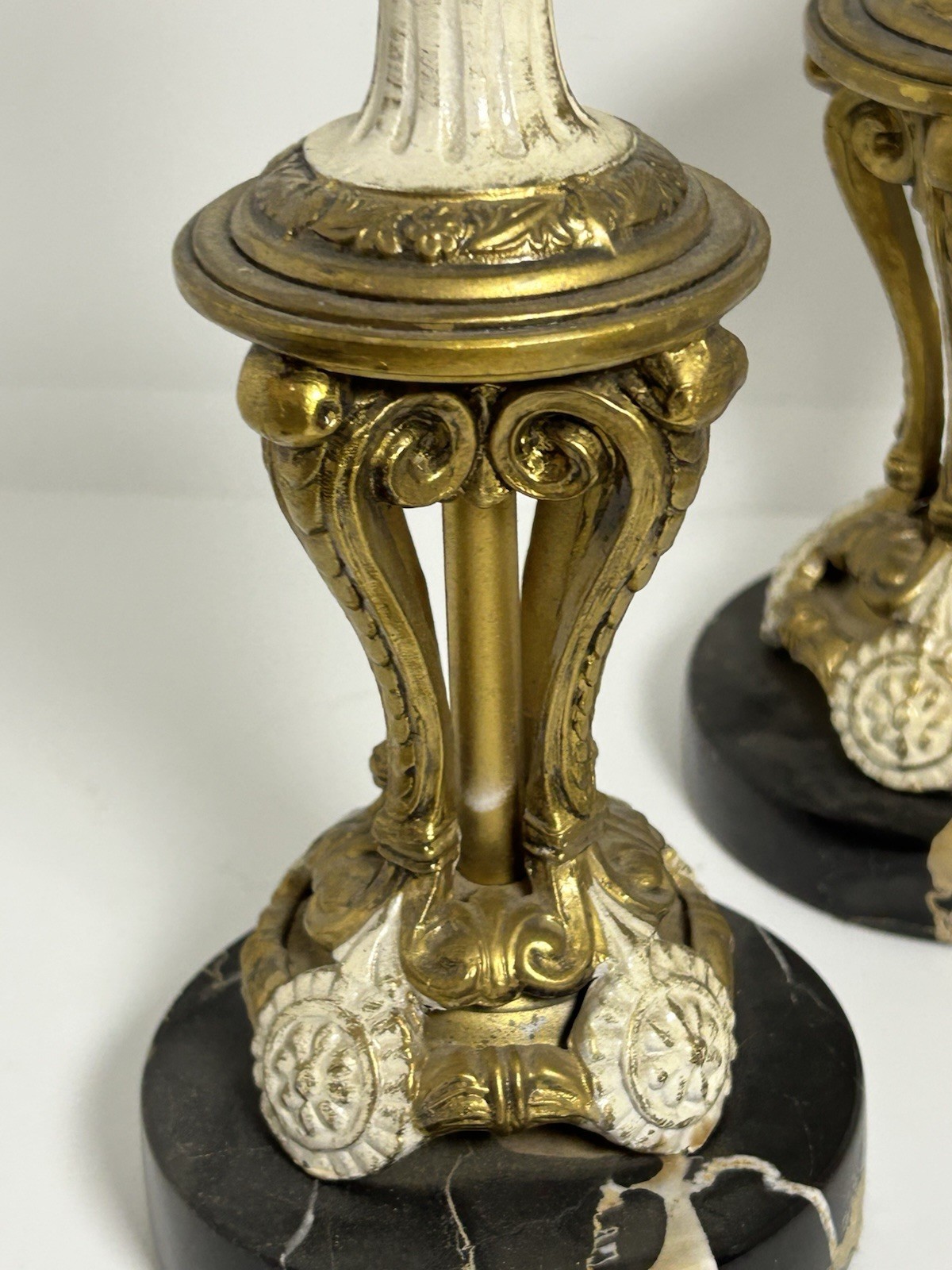1930s FRENCH EMPIRE, NEOCLASSICAL CANDLE HOLDERS CANDLESTICKS MARBLE METAL