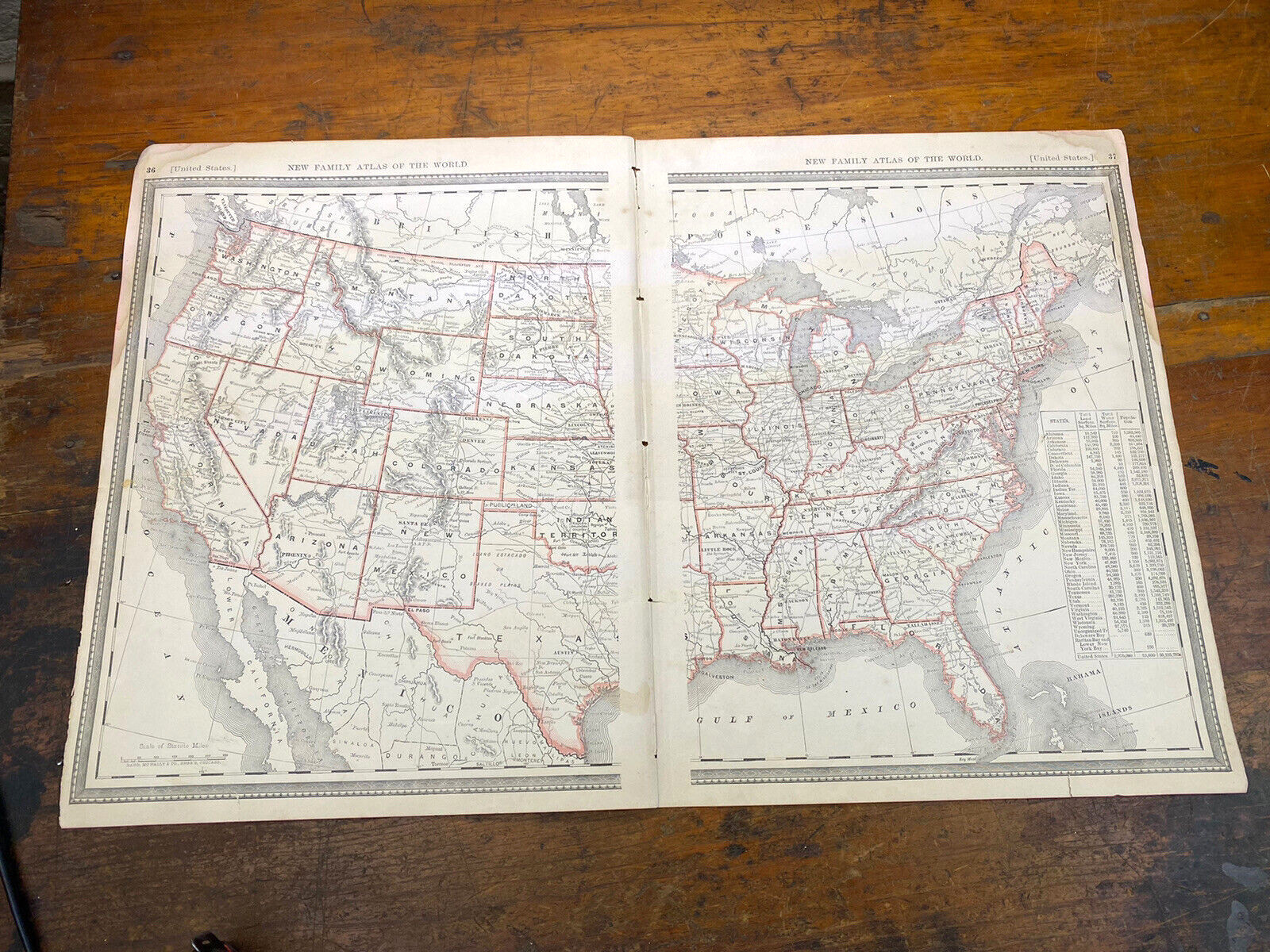 1890 United States Map, Double Page, Population & Sq Miles, 21.75″ x 14″