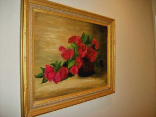 Victorian Roses Oil Painting Cottagecore 1911 Signed Large Gilt Frame Reframed