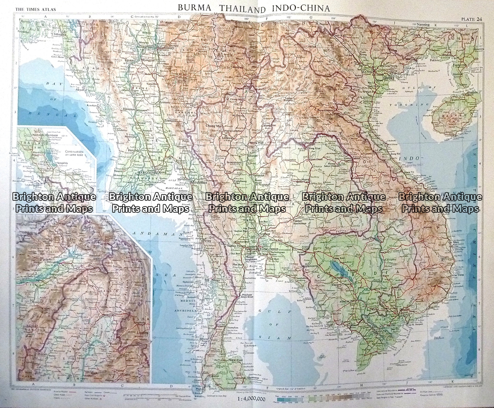 Antique map – Burma, Thailand and Indo-China c.1958 Ref#232-736