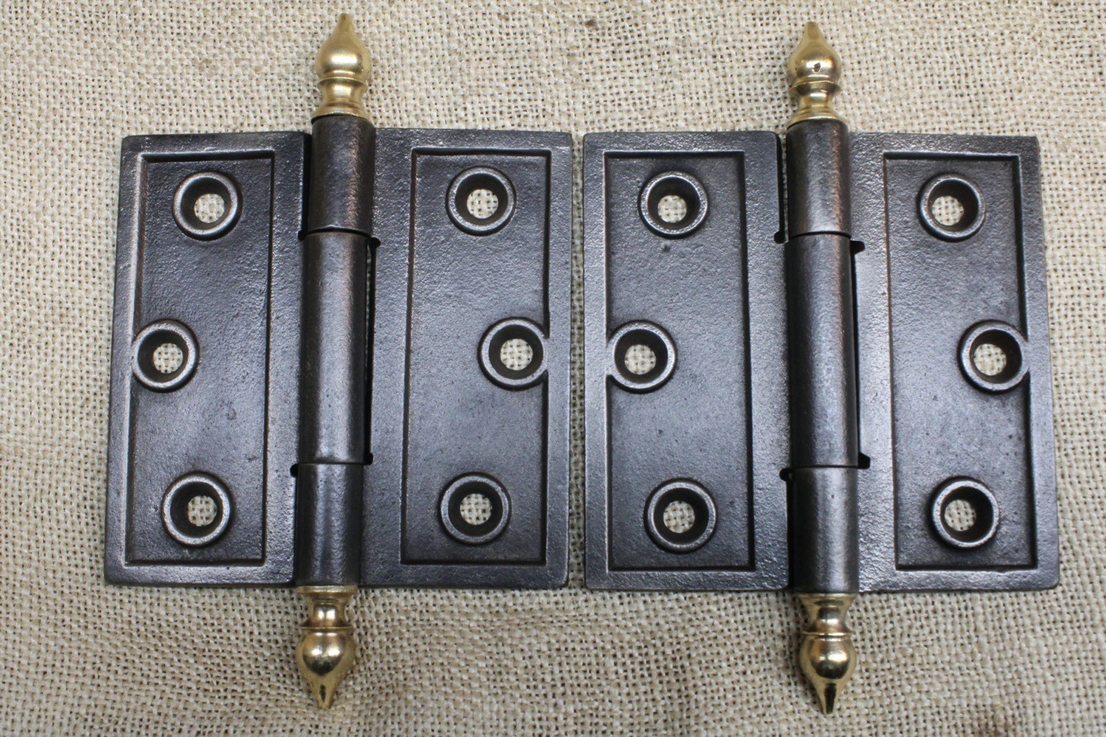 2 Old Door Hinges 4 X 4” BRASS Pointed Ball & Steeple Victorian Iron Raised Edge