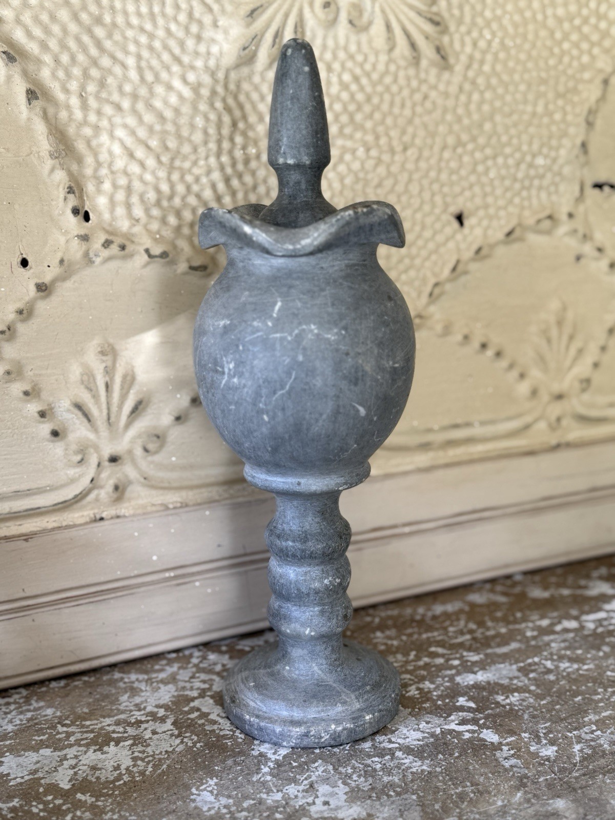 Vintage Hand Carved Stone Lidded Urn Vase Gray Stone Apothecary Jar