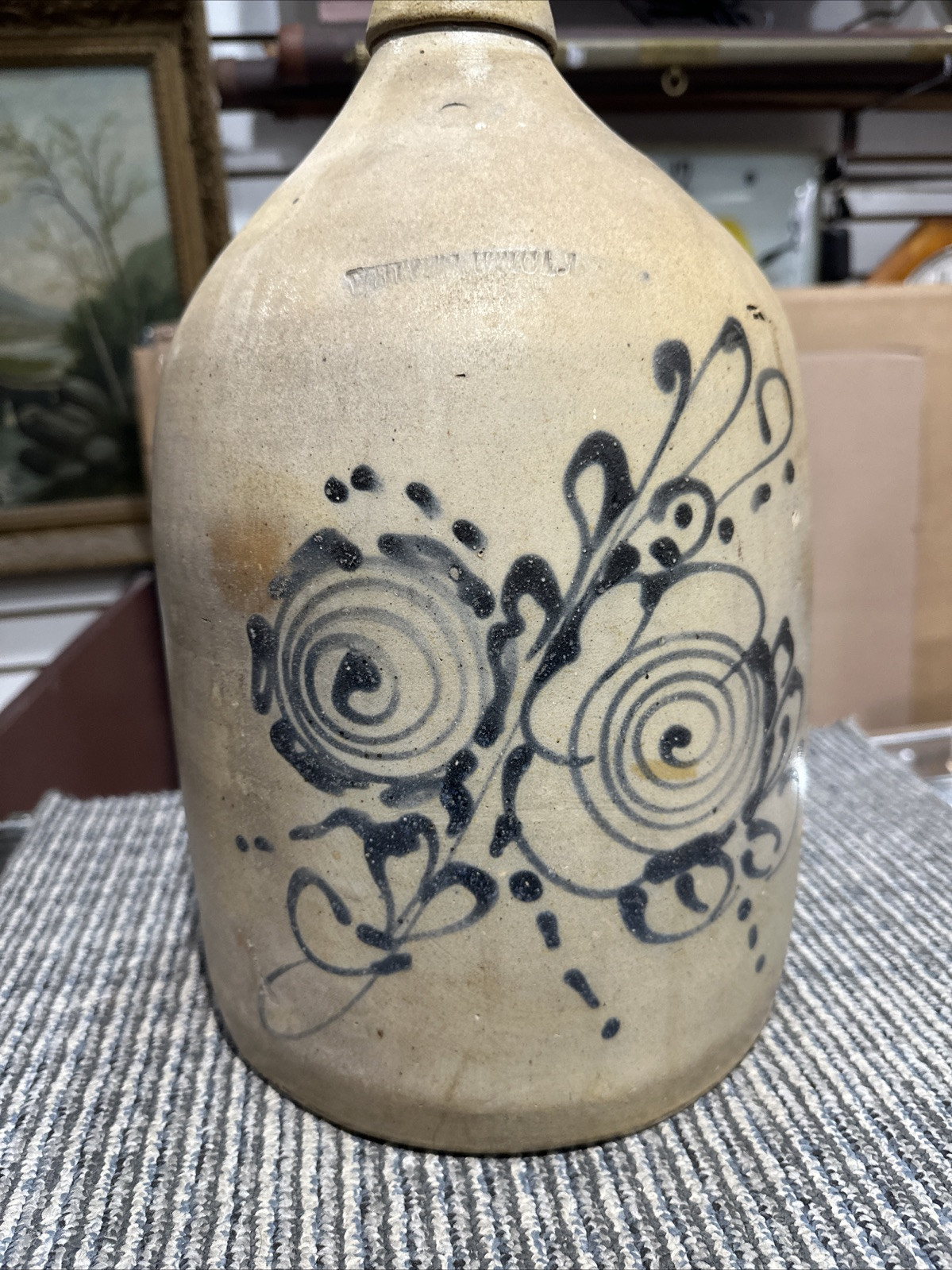 White’s Utica, N.Y. Salt Glazed Stoneware Jug 2 Gallon Antique Floral Design!