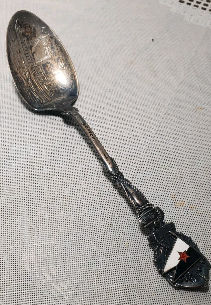VTG Boston Sterling Silver Souvenir Spoon Enamel Nautical Flag Steamship 25g