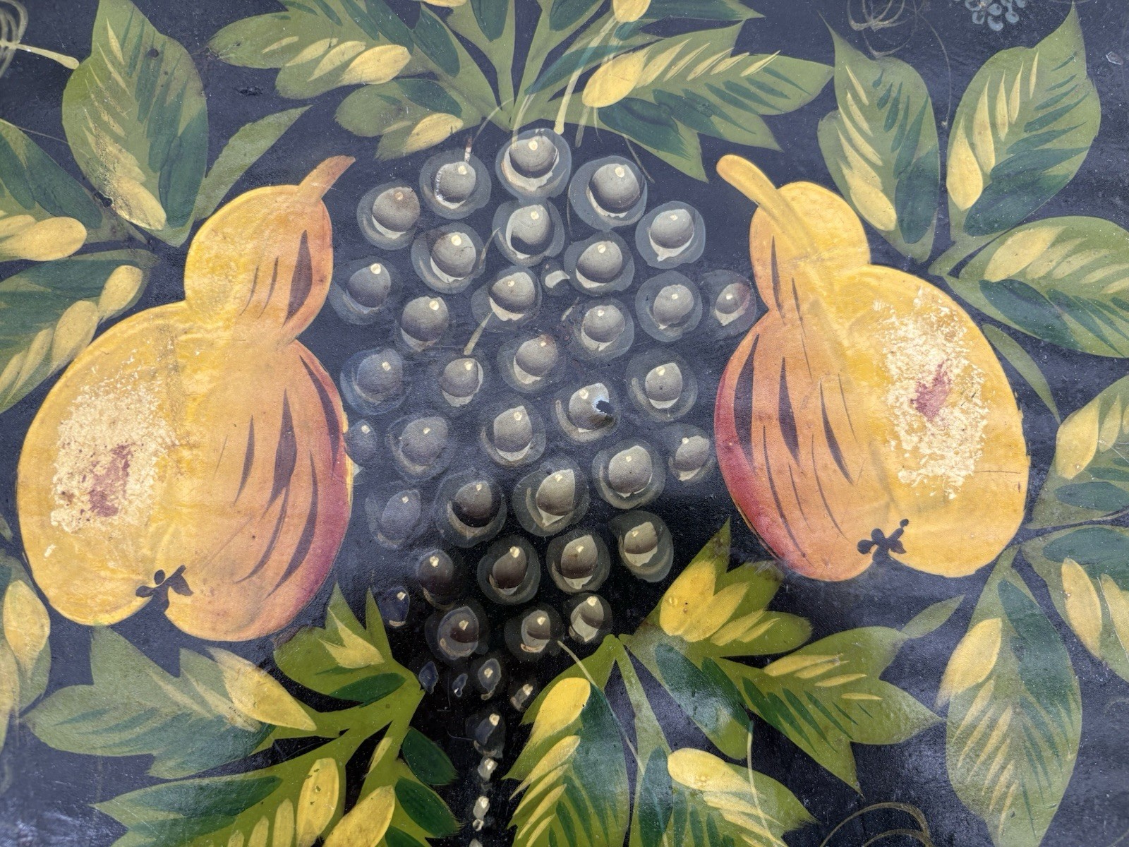 ANTIQUE TOLEWARE TRAY LARGE HANDMADE WITH PEARS GRAPES AMERICAN FOLK ART 19TH C