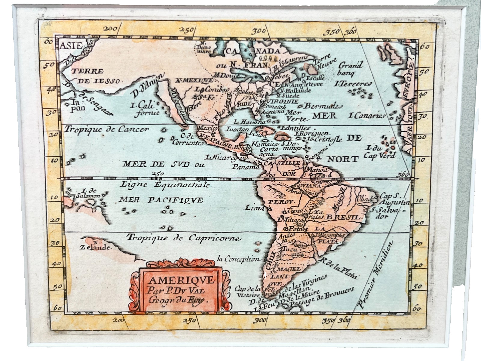 Pierre du Val Antique Framed Map of the Americas c. 1660, Framed & Matted