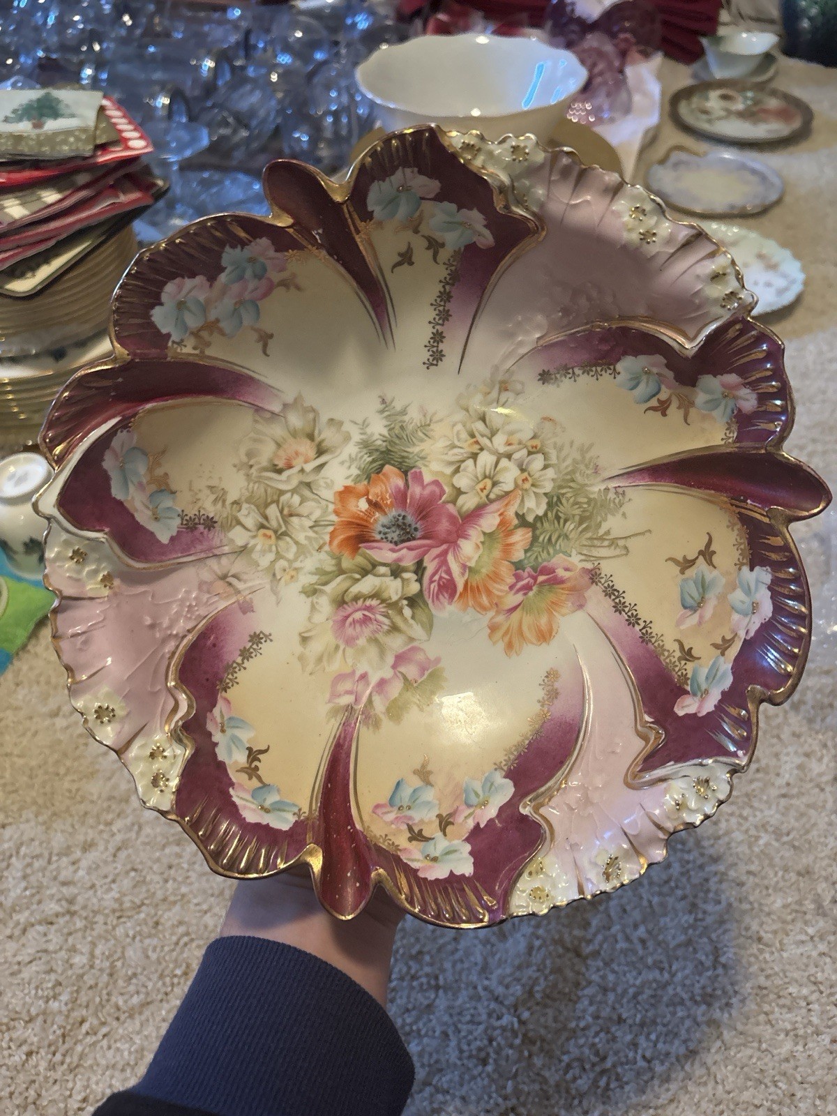 Antique R.S. Germany Porcelain Ruffled Bowl Hand Painted Floral Gilt Victorian