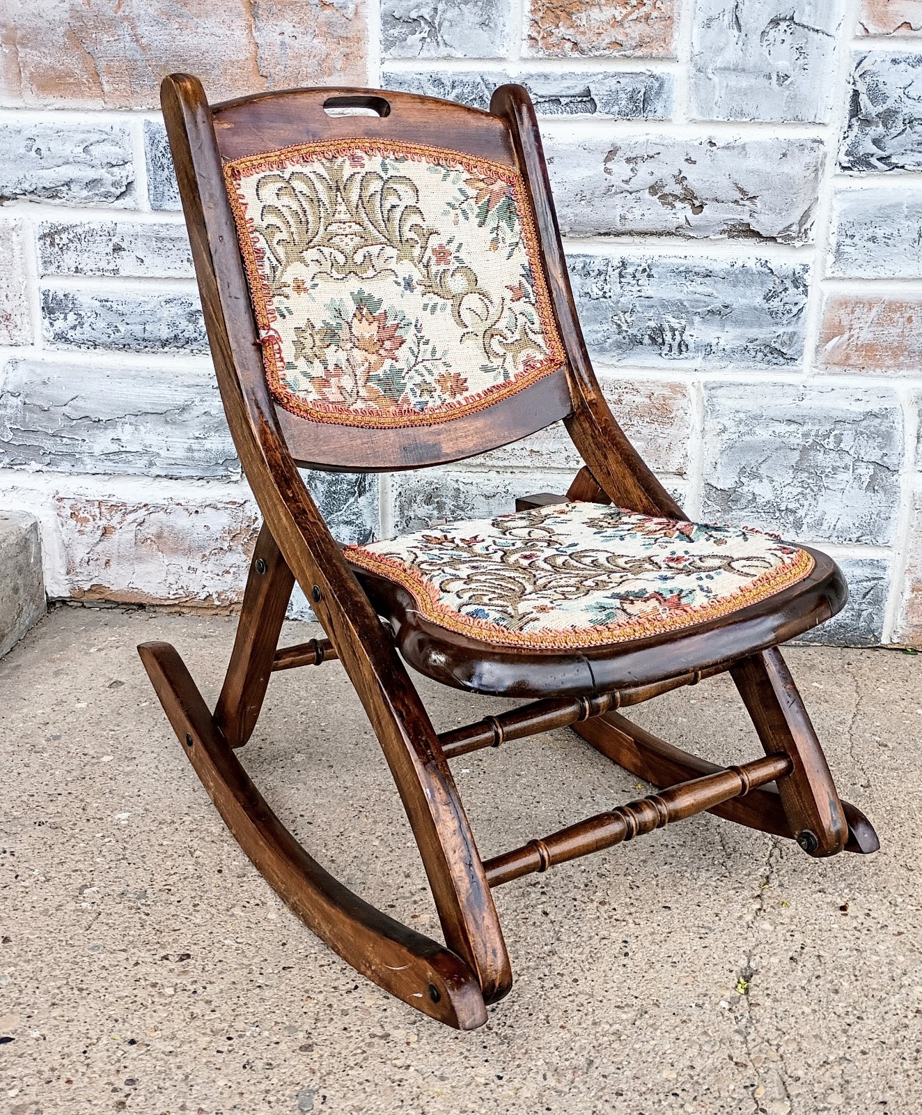 Antique Folding Victorian Wood Child’s Rocking Chair, Floral Upholstery
