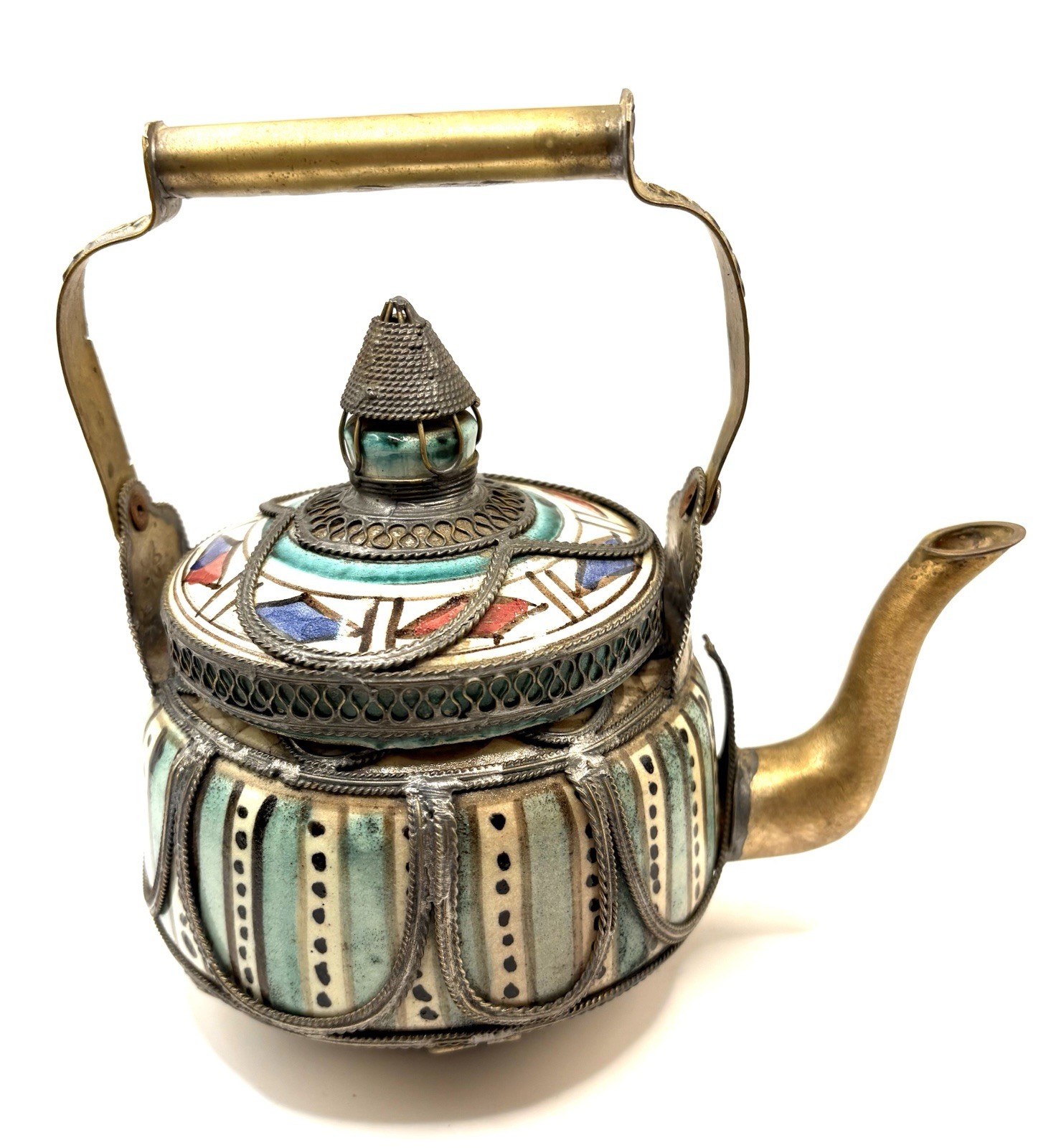 VINTAGE MOROCCAN CERAMIC TEAPOT SILVER FILIGREE BRASS HANDLE BERBER FEZ