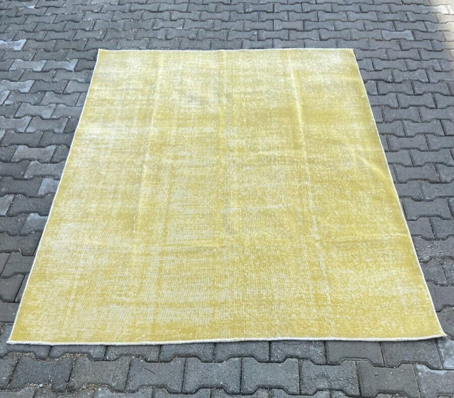Vintage Large Rug, 5×8 ft Yellow Large Rug, Living Room Rug, Wool Handmade Rug