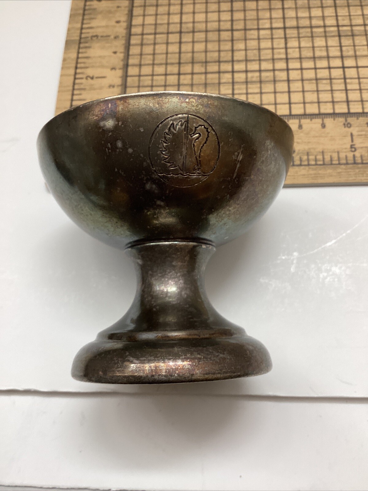 Grand Silver Co Wear Brite Nickel Silver Cup Sm Vtg Engraved Seahorse & Stamped