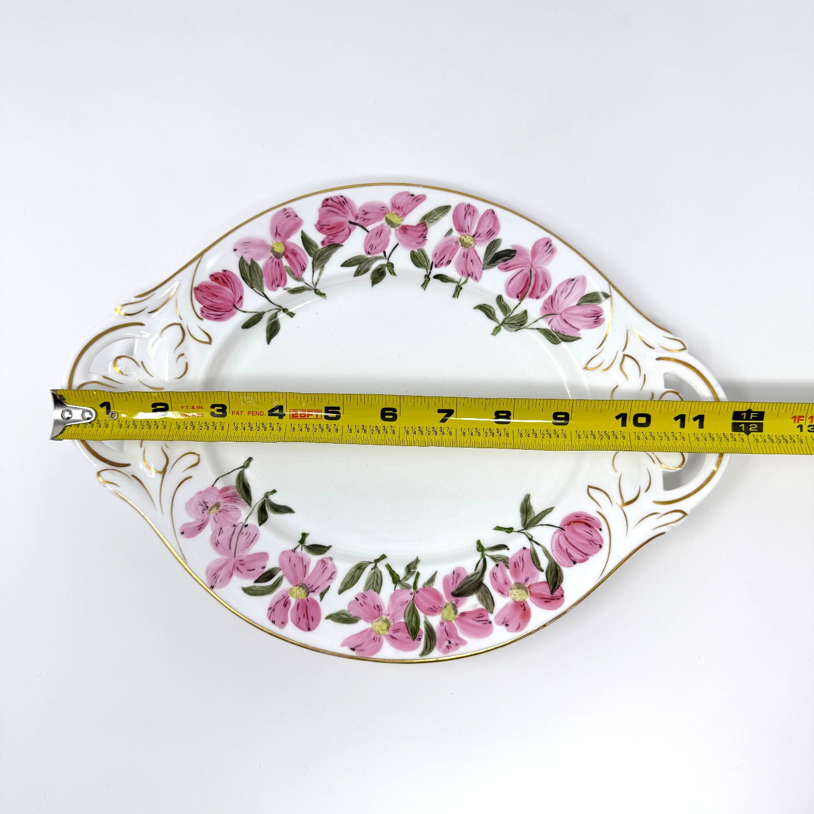 Antique 1883 Hand Painted Porcelain Serving Plate Signed Floral Gold Handles