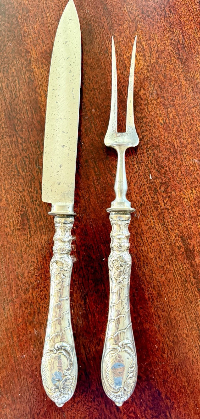 Stunning Rare French Sterling Silver Carving Knife and Fork Serving Set