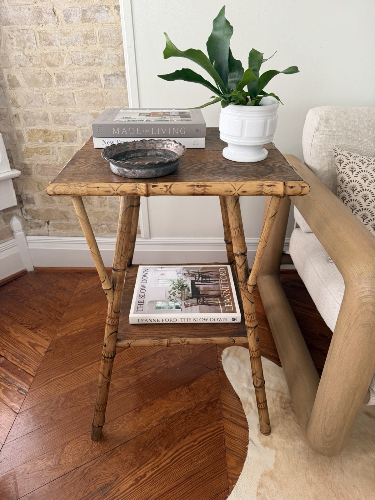 Antique Victorian Tiger Bamboo Side Table 2-Tier Tortoise Bamboo Plant Table
