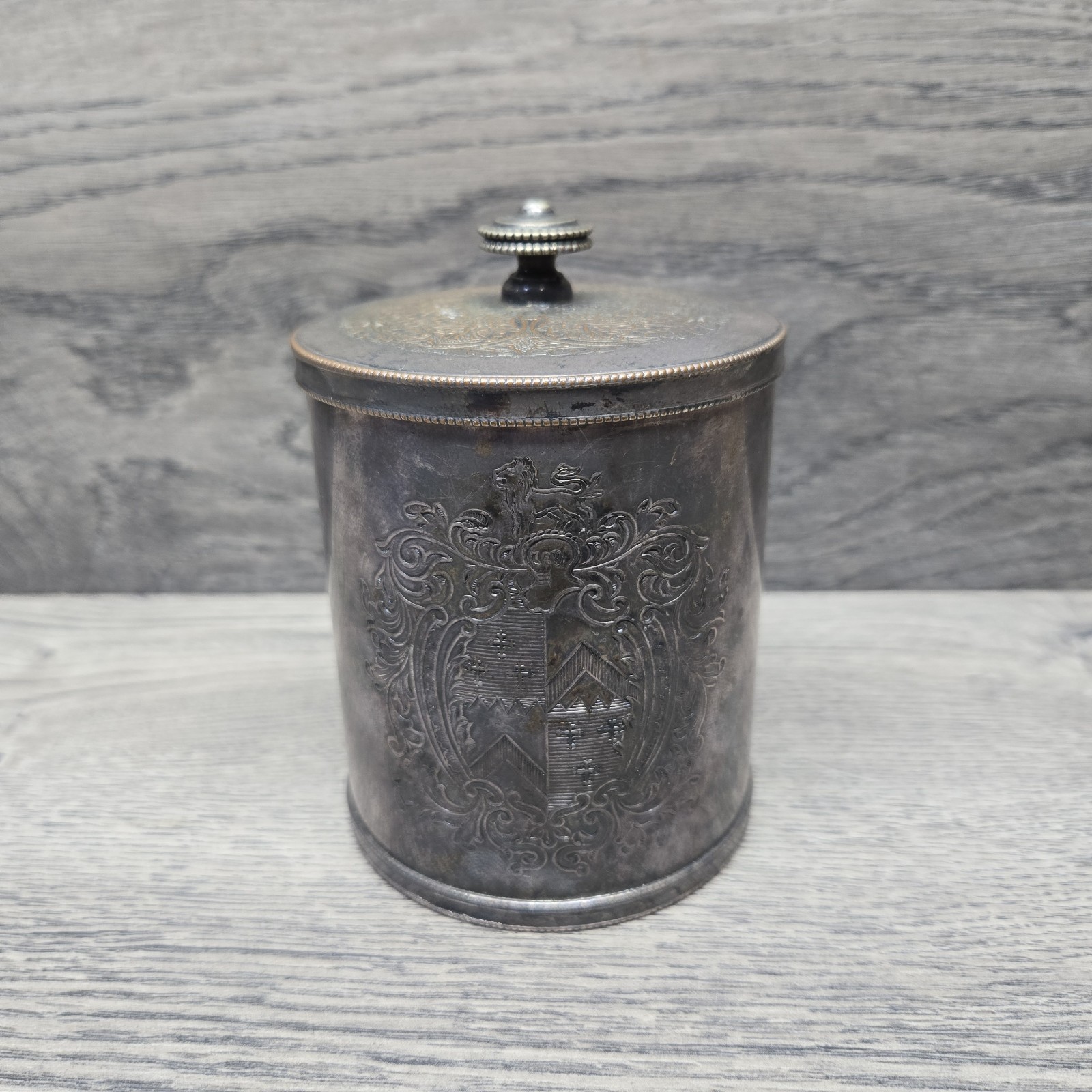 Vintage ​Barker Ellis Silver Plate Heraldic Canister / Tea Caddy / Tobacco Jar