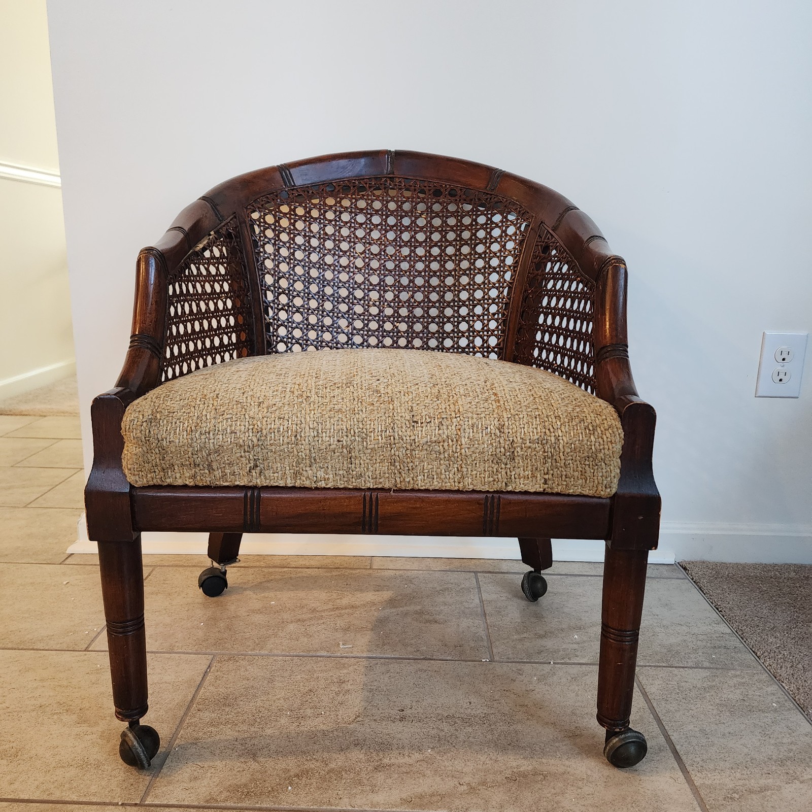 Vintage Cane Barrel Back Chair Bamboo Look Mahogany Wood Regency Style