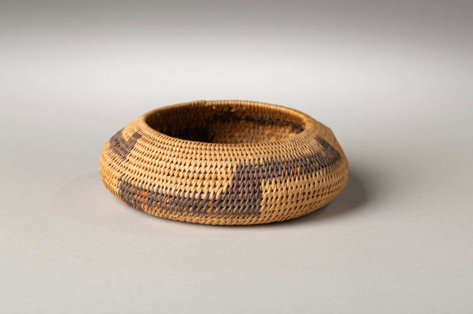 1900 Pomo Low Basket, Dark Band at Base, With Metal Tag