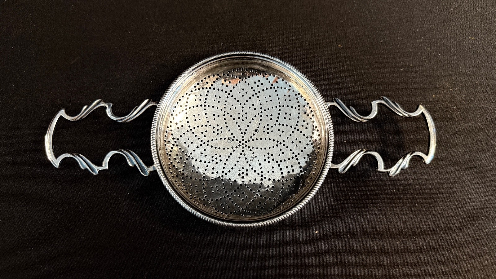 Antique George II 1759 Sterling Large Double Handled Lemon Strainer