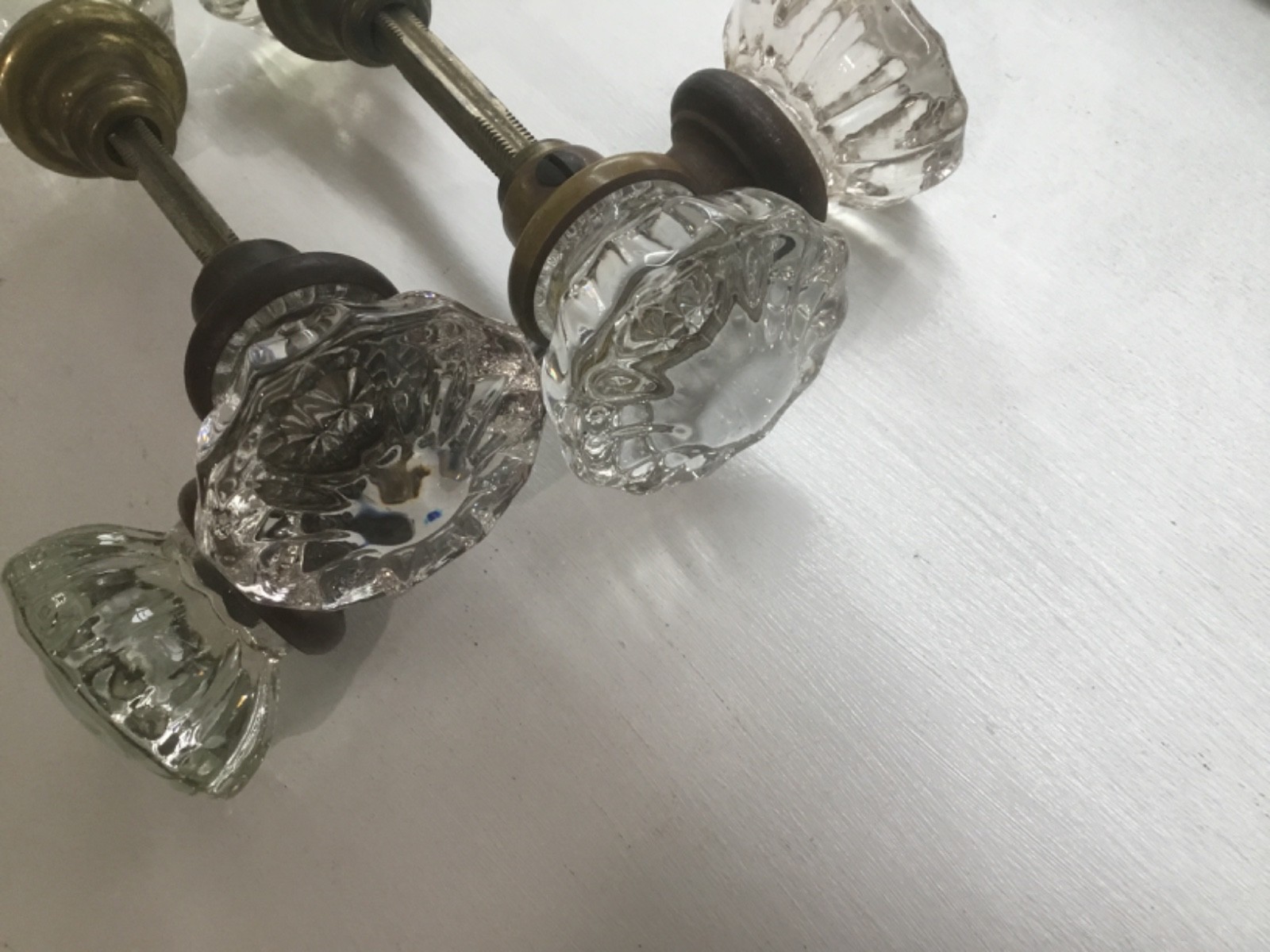 Set of 3 Vintage 1940s Art Deco Clear Glass & Brass Door Knobs w/ shafts