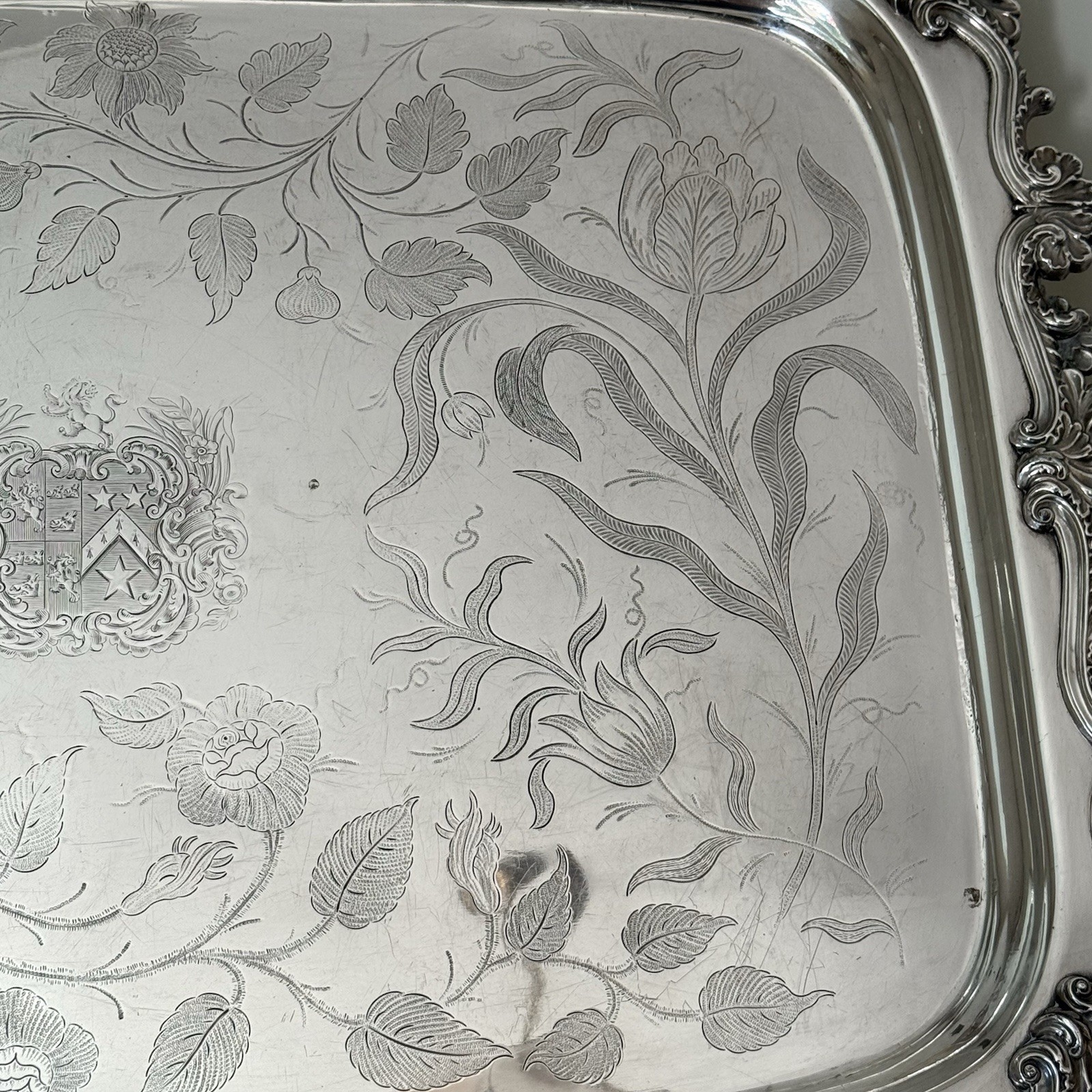 Antique Victorian English Silver Plate Butler Serving Tray 27” Armorial Crest