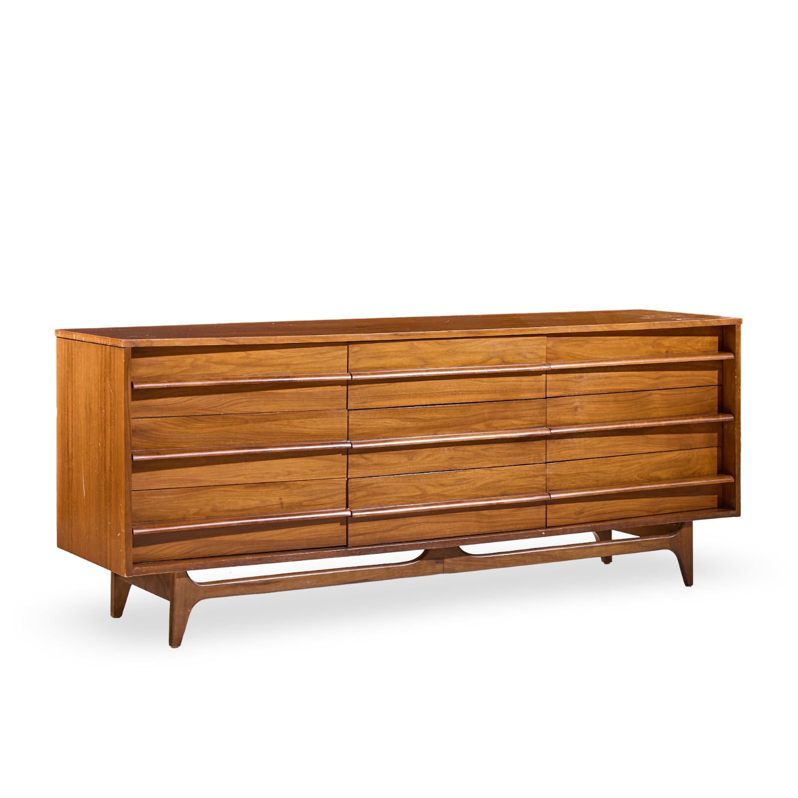 Young Manufacturing Mid Century Walnut Curved Lowboy Dresser