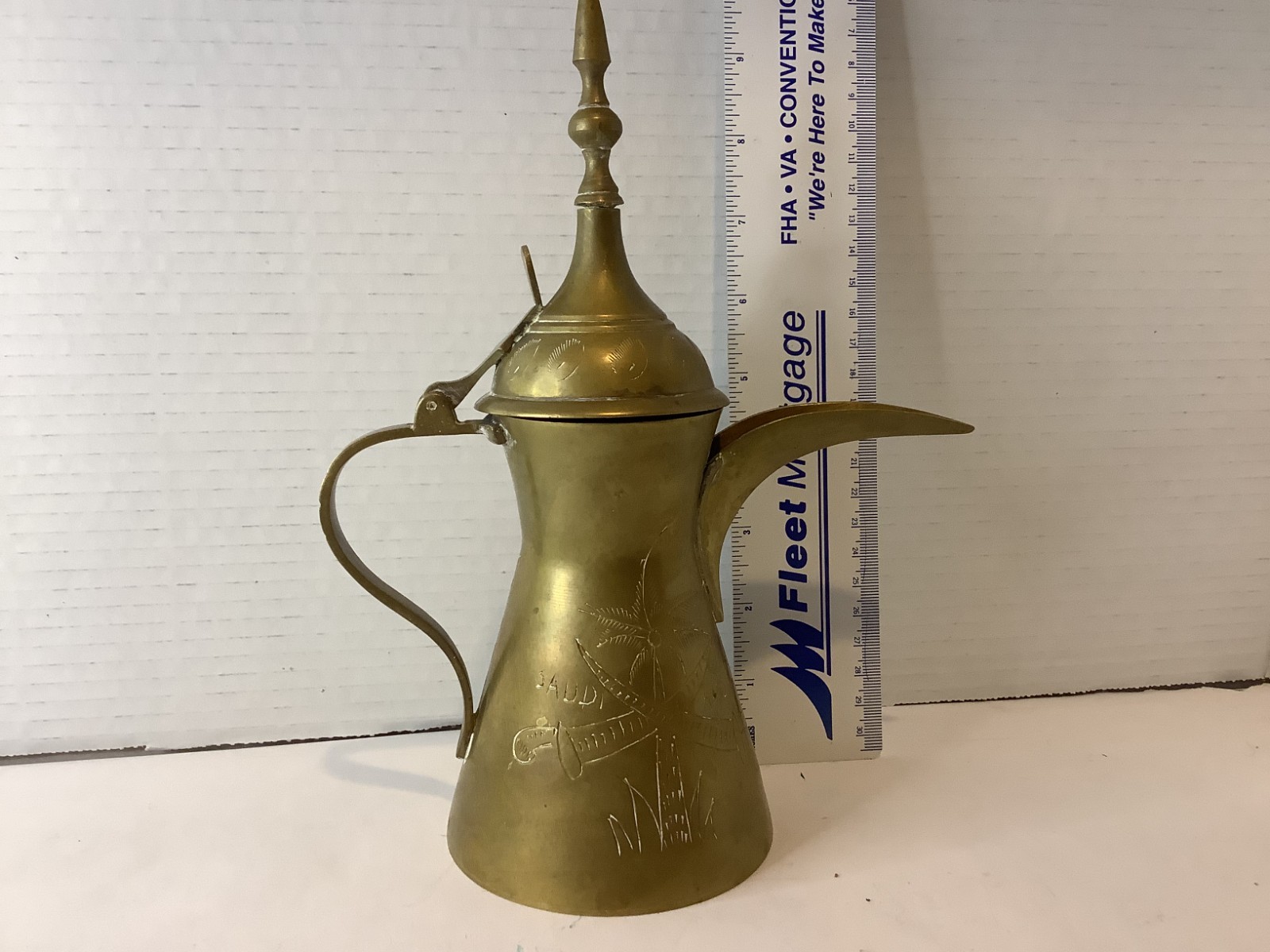 Dallah Coffee Tea Pot Saudi Arabia Etched Floral Swords Palm Vintage Brass