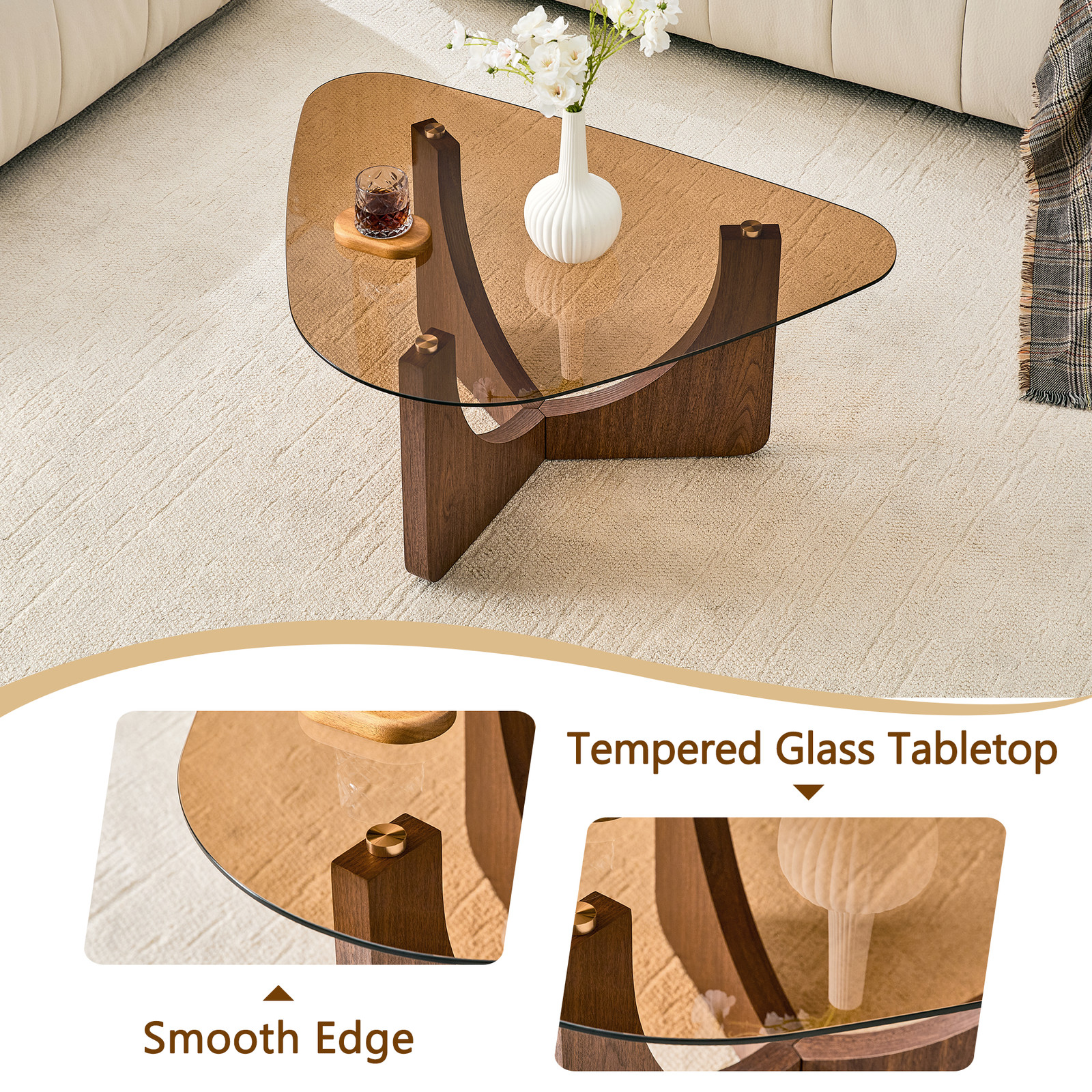 Vintage-Style Triangular Coffee Table with a Tea-Colored Tempered Glass Top