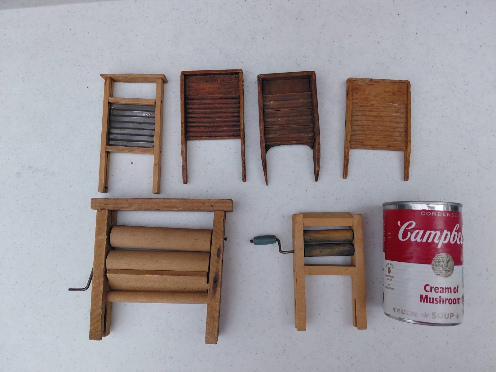 4 Tiny Vintage Doll Miniature Washboards Wood And Metal & 2 Ringers Doll Size