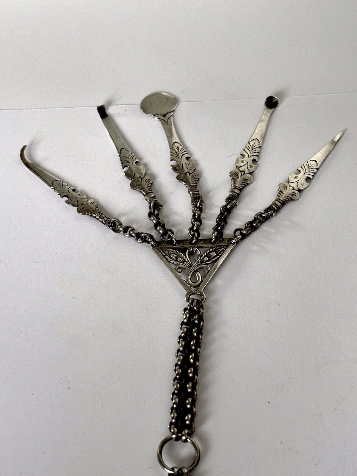 Antique Silver/ White Metal Chatelaine with Vinaigrette and 5 Hanging Tools