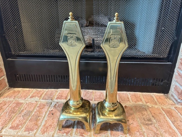 Pair Sunset Brass Fireplace Andirons Chenets Mid Century Modern H 17″