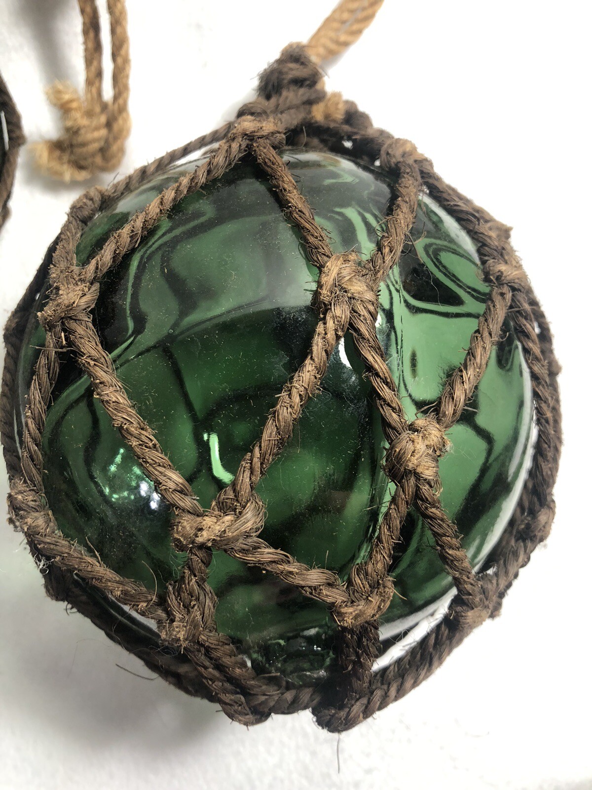 (2) VTG 60s Green Glass 5″ Fishing Floats Buoys w/Fishnet From SW ICELAND Coast