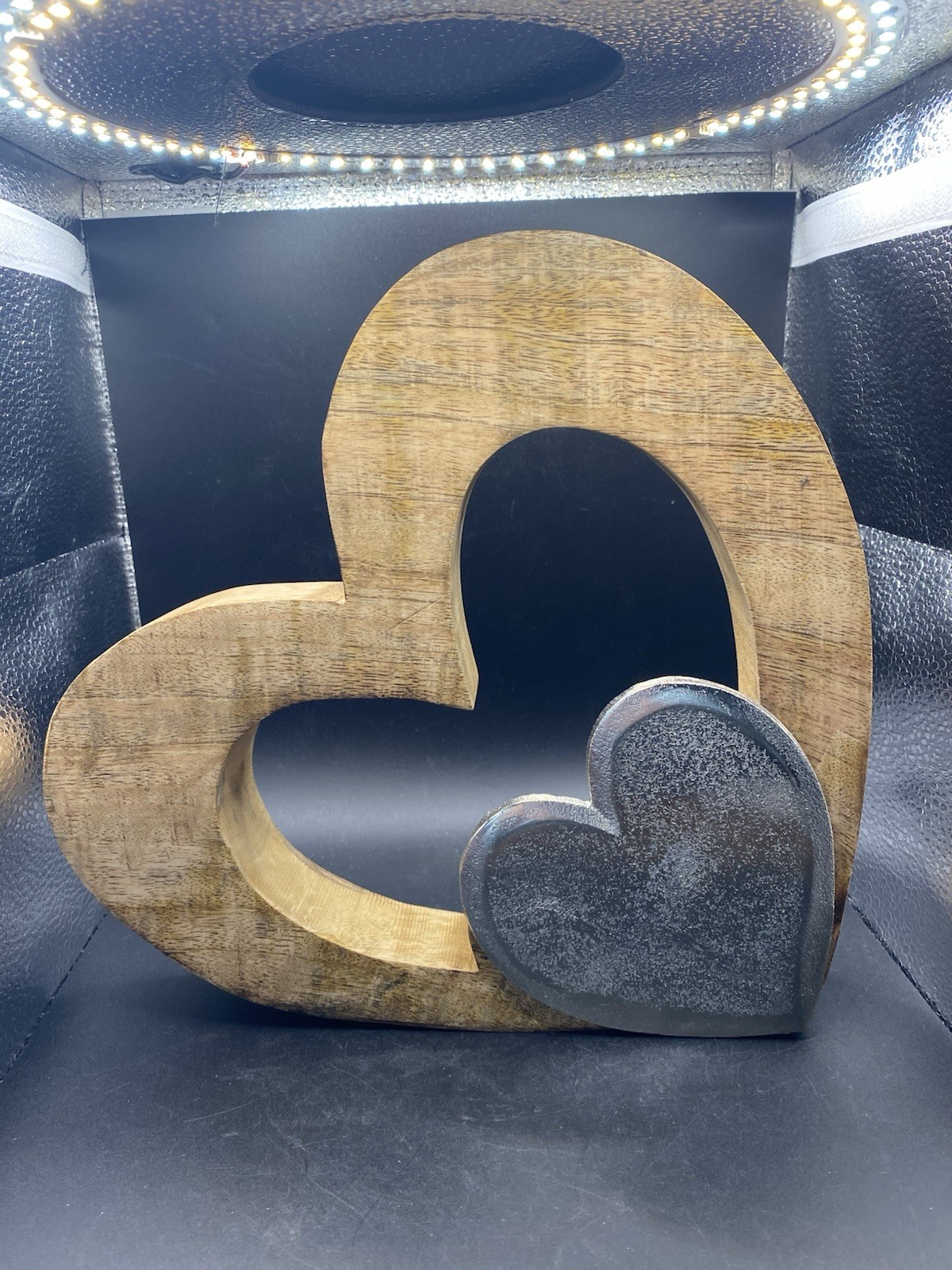 wood & silver heart table top home decor gift love Statue cottage core rustic