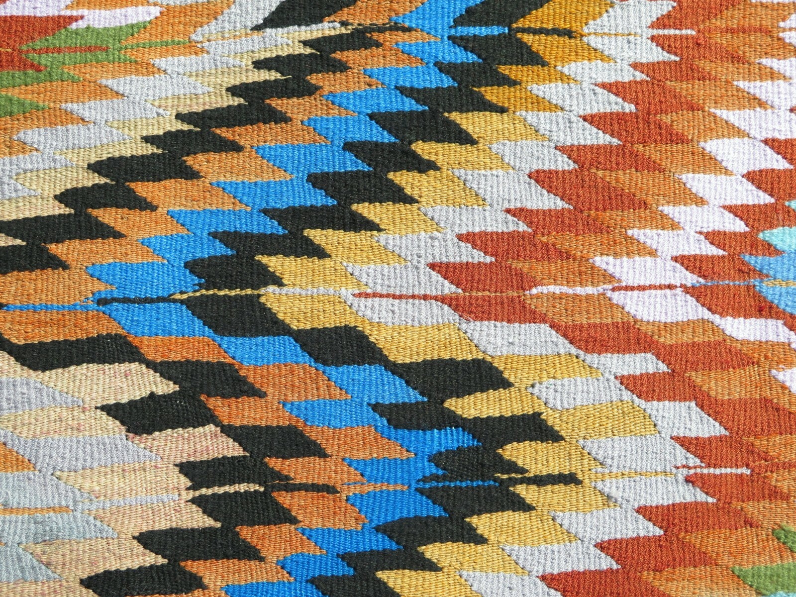 Sky Blue Zigzag Multicolor Vntage Turkish Rug, Large Handmade Wool Carpet 58×106