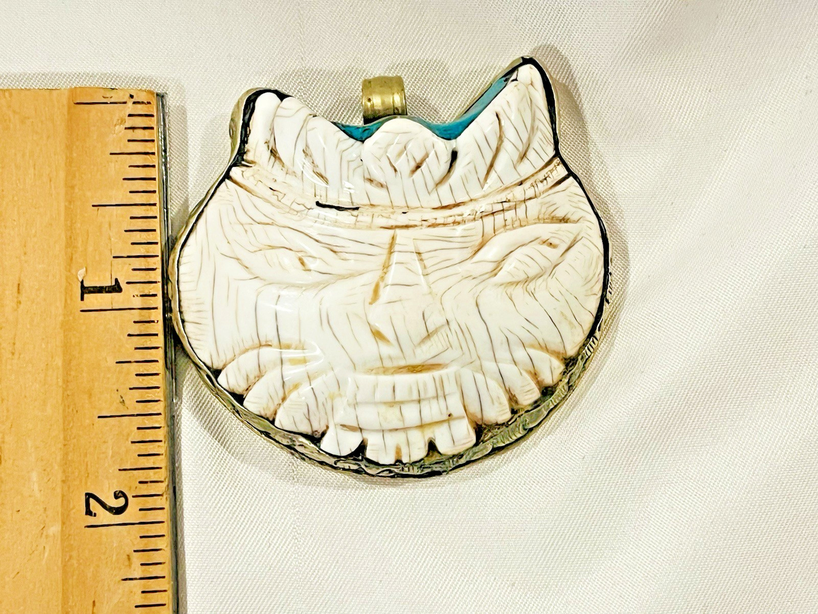 Vintage Cat Seashell Amber Stone Silver Brass Pendant 2″