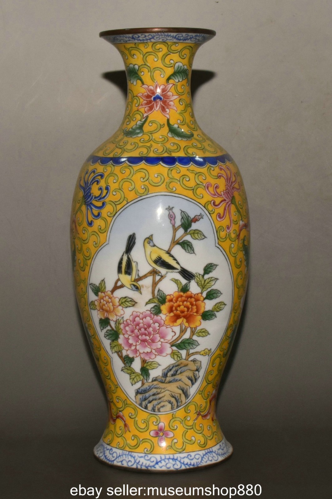 9.4″ Qianlong Marked Chinese Bronze Cloisonne Flower Bird Fengshui Vase Bottle
