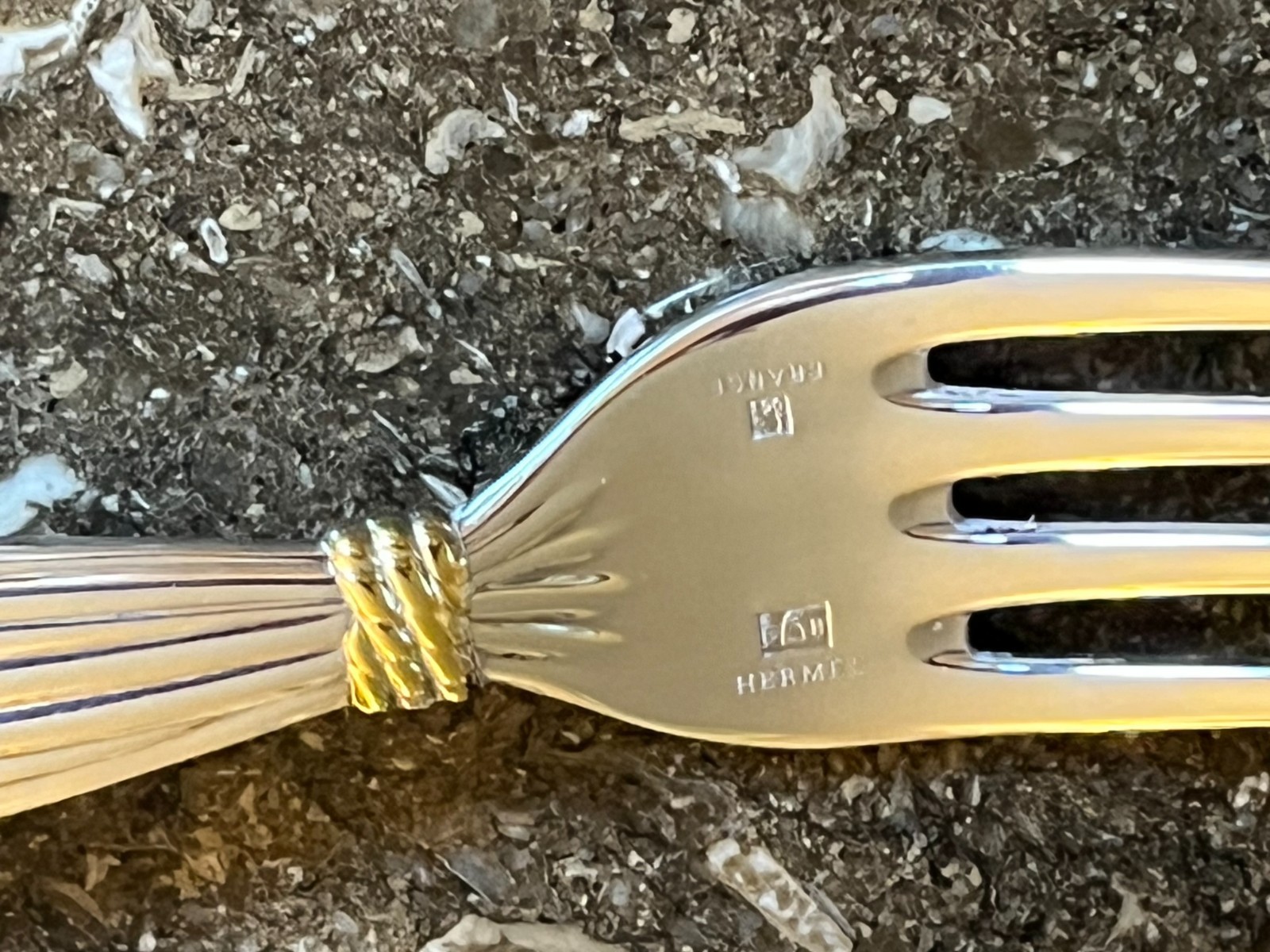 Hermes Moisson Pattern Dinner Fork Silverplate & Goldplate Beautiful Vintage