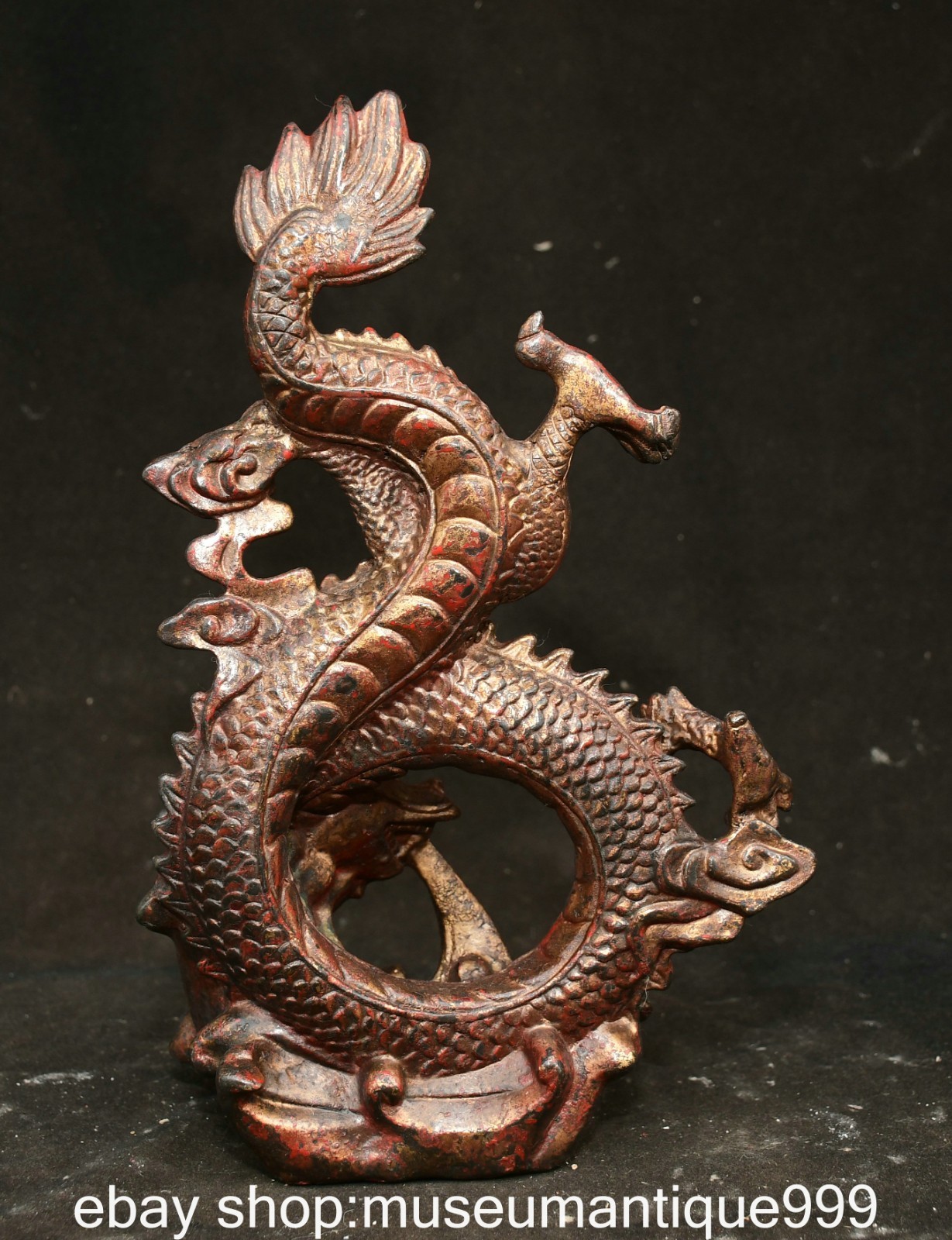 10.2″ Qianlong Chinese Bronze Gilt Cloud Dragon Fengshui Statue Sculpture