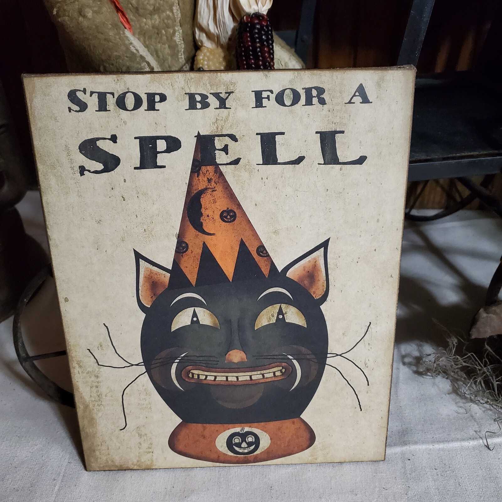 PRIMITIVE VINTAGE FOLK ART HOMESTEAD FALL HALLOWEEN BLACK CAT SPELL CANVAS SIGN
