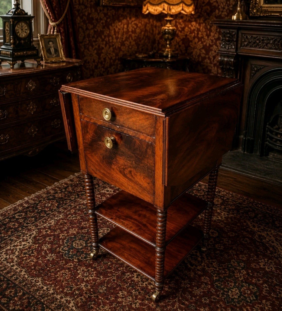 Victorian Mahogany Work Table Sewing Table Barley Twist Drop Leaf Antique
