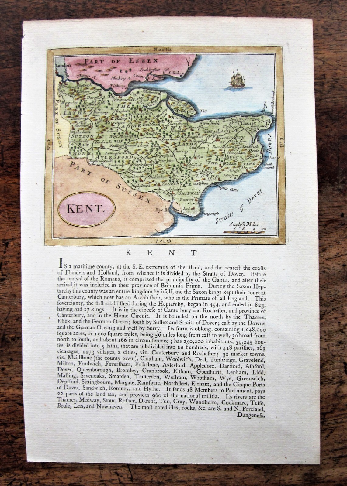 1785 Edition of a 1694 Kent Map by John Seller Antique Francis Grose Canterbury