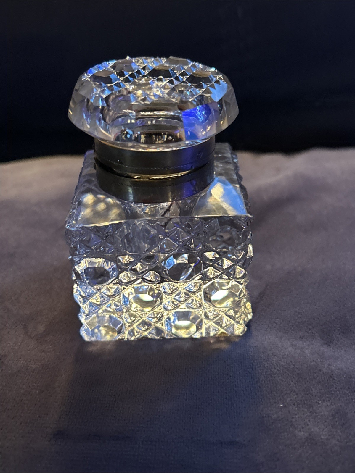 Vintage Old Handcrafted Cut Clear Crystal Inkpot Inkwell With Metal Hinged Lid