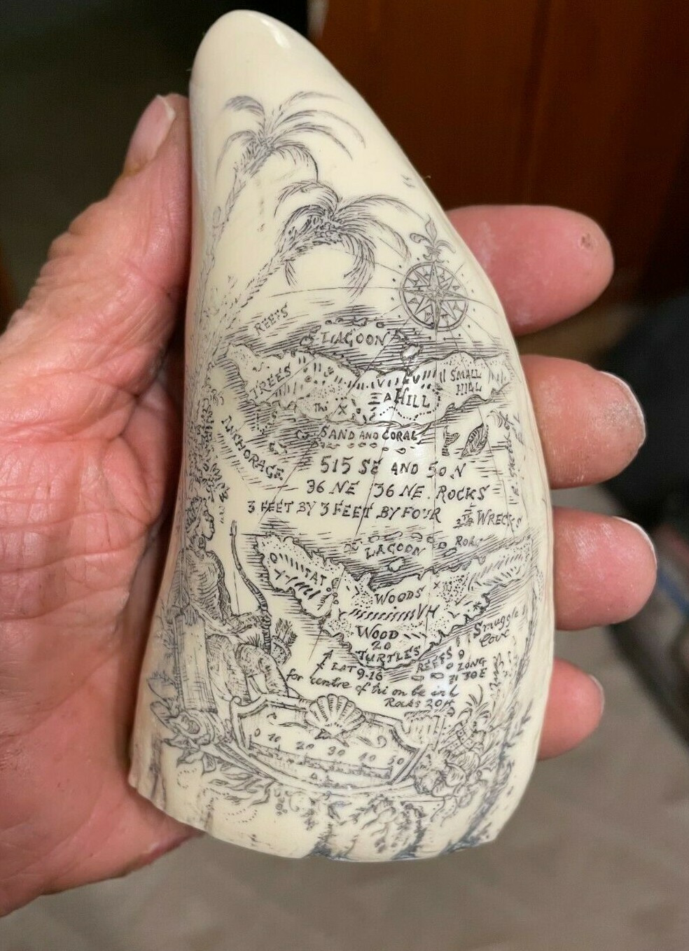 Scrimshaw Sperm whale tooth resin REPRODUCTION ” PIRATE TREASURE MAP” 6″ long