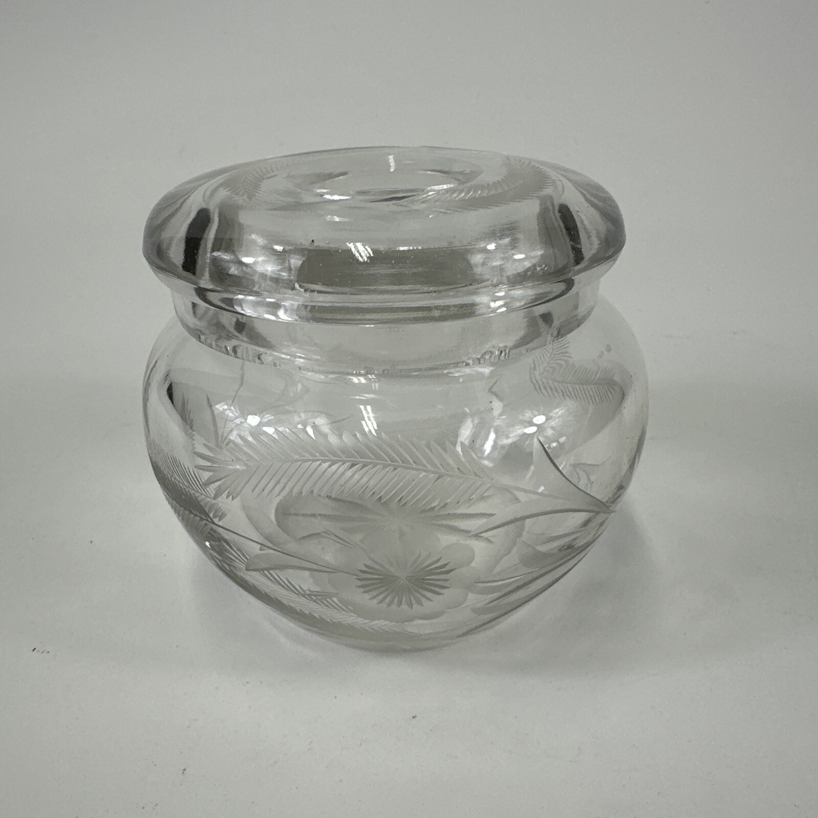 Antique Glass Cut Crystal Hair Receiver Dresser Vanity Jar Potpourri Cottage