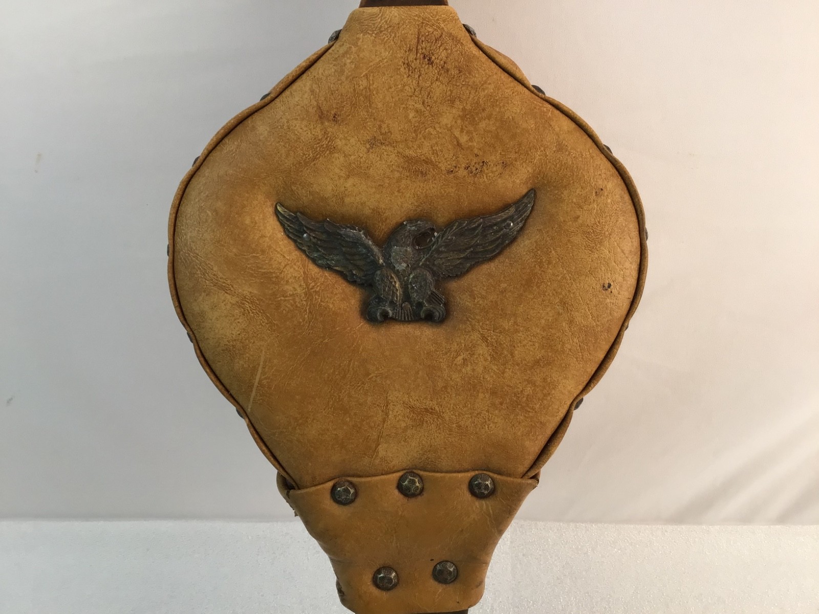 Antique Wooden Fireplace Bellow Brass Rivets Eagle Leather & Wood Works